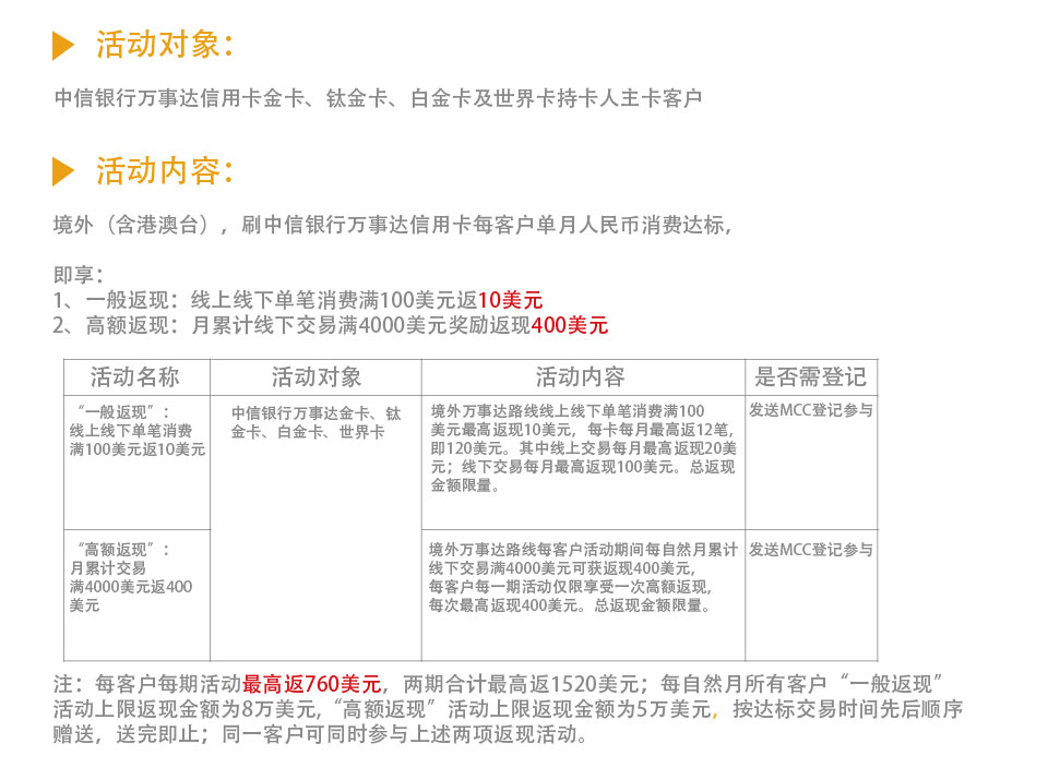 刷中信银行万事达信用卡最高返现760美金